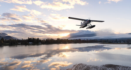 Floatplane Flying Over Lake With Scenic Reflections in British Columbia