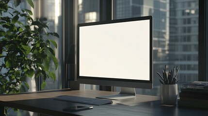 Fototapeta premium Modern Computer Setup Near Window With City View