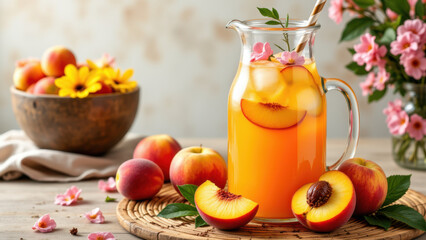 Juicy peaches in a pitcher of hwachae, a refreshing Korean fruit punch. A colorful still life with a rustic feel and natural light.