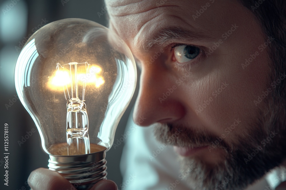 Poster A person holding a light bulb near their face, ideal for use in tutorials or as a prop for creative projects