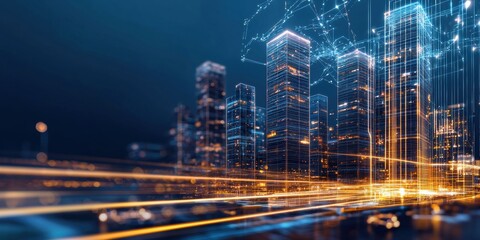 Dynamic cityscape at night futuristic skyline visualization urban environment aerial view technology concept