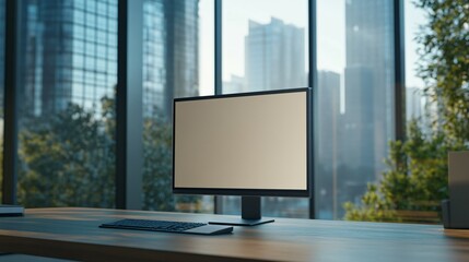 Fototapeta premium Modern desktop computer on wooden desk near large window