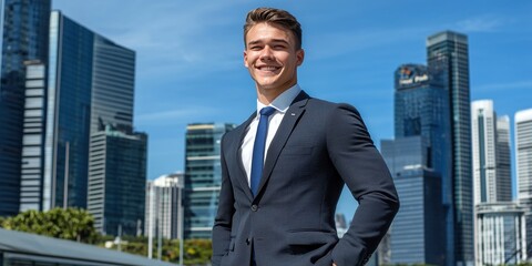 Confident business professional poses against urban skyline singapore portrait bright day business success concept