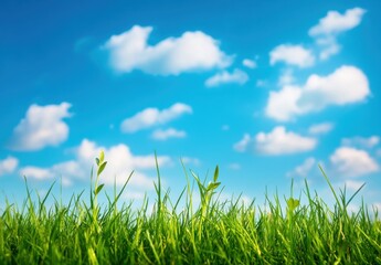 Lush Green Grass Against a Vibrant Blue Sky with Soft Cotton Clouds, Perfect for Representing Nature, Freshness, and Tranquility in Outdoor Environments