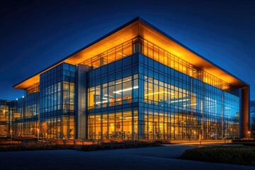A large glass building illuminated at night with city lights reflected in its surface