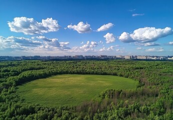 Naklejka premium Lush Green Landscape with Circular Field Surrounded by Forest and Cloudy Blue Sky, Captivating Aerial View of Nature and Urban Skyline on the Horizon