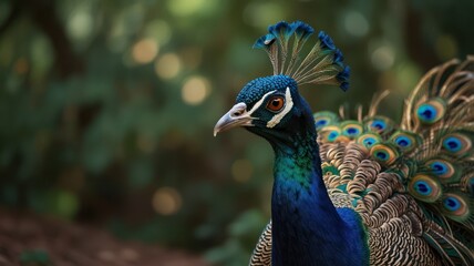 Obraz premium Majestic peacock portrait, vibrant plumage, detailed feathers, sharp focus.