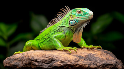 Obraz premium Animal kingdom rendering. bright green iguana basking on sunlit rock, showcasing its vibrant colors and unique features. This reptile exudes calm and majestic presence in its natural habitat