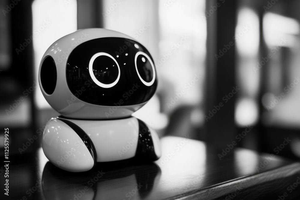 Poster A small robot sitting on a table, possibly a prototype or display model