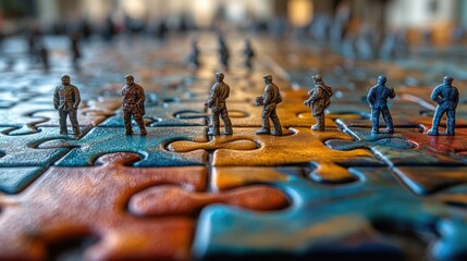 Group of toy soldiers standing on a puzzle piece, perfect for illustration or design use