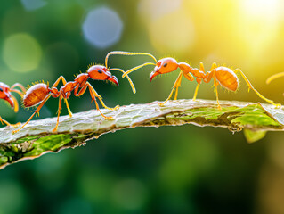 Animal kingdom rendering. colony of ants working together on leaf bridge, showcasing teamwork and cooperation in nature. vibrant colors and sunlight create lively atmosphere