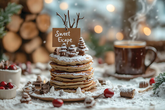 A whimsical pancake stack made to look like a mini forest scene, with powdered sugar snow, chocolate twigs, and tiny marzipan mushrooms. A note attached that reads : Sweet escape