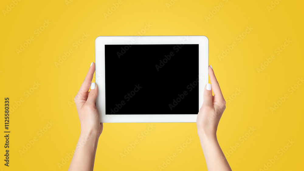 Poster cropped view of millennial girl showing tablet computer with mockup for design on screen against whi