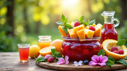 A refreshing display of hwachae with sliced fruits and fruit juices on a table outdoors.