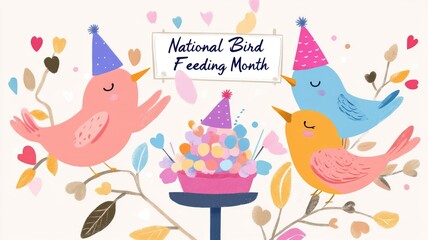 Whimsical celebration of national bird feeding month with colorful birds and cake