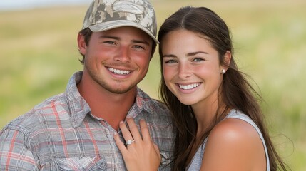 Obraz premium A man and woman are smiling for the camera. The man is wearing a plaid shirt and a hat. The woman is wearing a white tank top