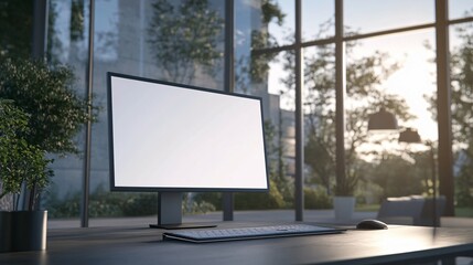 Fototapeta premium Modern Desktop Computer In Office Setting With Blank Screen