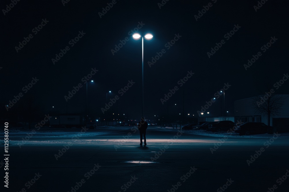 Poster A lone person stands in the middle of an empty street at night, surrounded by shadows cast by streetlights, with darkness above for text. Generative AI
