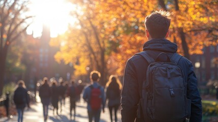 Obraz premium A man wearing a backpack walks down a sidewalk with a group of people. The scene is set in autumn, with leaves on the ground and trees in the background. Scene is casual and relaxed