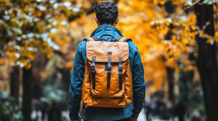 A man wearing a blue jacket and a brown backpack is walking through a forest. The man is carrying a backpack that is brown and has a blue strap. The forest is filled with trees