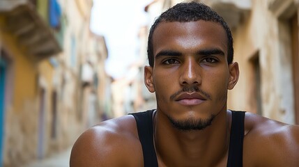 A man with a beard and short hair is standing in front of a building. He is sweating and looking at the camera