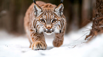 Naklejka premium Animal kingdom rendering. lynx stealthily navigating snowy forest, showcasing its crisp paws and keen gaze. This majestic feline embodies beauty of winter wildlife