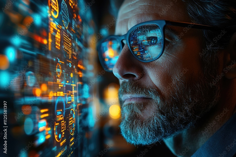 Poster a person sitting in front of a computer, wearing glasses and concentrating on the screen