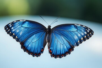 A blue butterfly perched on the edge of a table, its delicate wings spread out