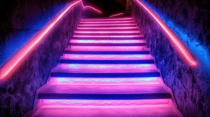A staircase with pink and blue lights. The lights are on the stairs and the stairs are pink and blue