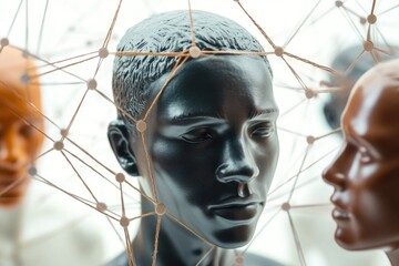 A detailed view of a sculpted male head, with intricate facial features and hair details