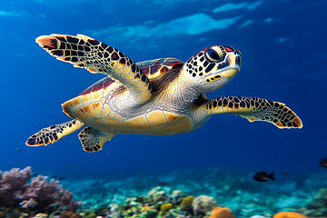 Obraz premium Animal kingdom rendering. sea turtle gliding gracefully through vibrant ocean waters, surrounded by colorful coral reefs and marine life. serene underwater scene captures beauty of nature