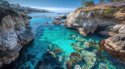 Obraz premium A serene lake scene with rocky shoreline and surrounding trees, ideal for use in nature or outdoor themed projects