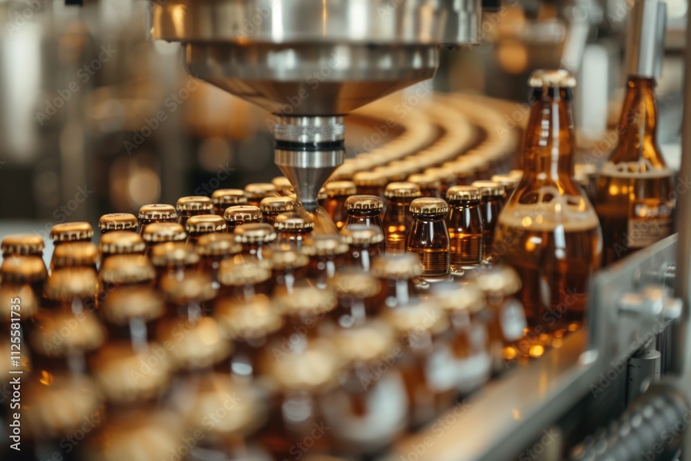 Poster a close-up view of several bottles moving along a conveyor belt, suitable for use in an industrial o
