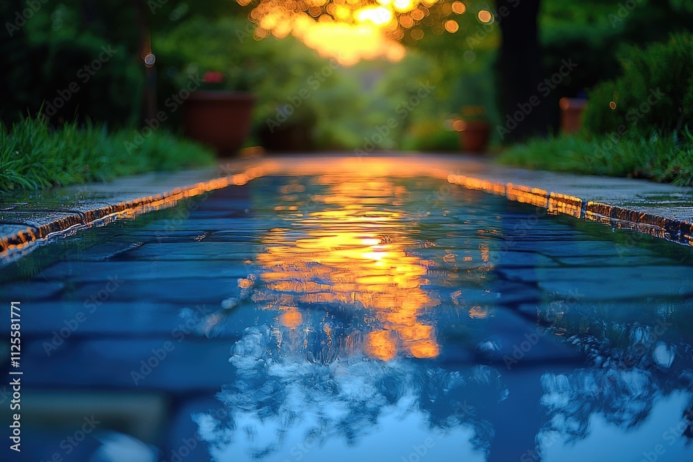 Poster a calm and serene scene featuring the sun's reflection on a pool of water