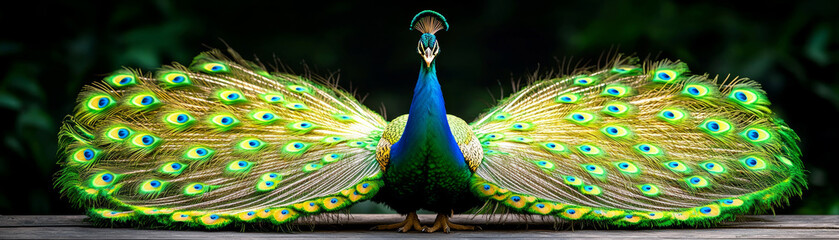 Fototapeta premium Animal kingdom rendering. vibrant peacock displaying its colorful feathers in tropical garden, showcasing stunning iridescence and intricate patterns.