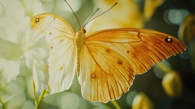 A yellow butterfly perched on top of a white flower, ready for takeoff,