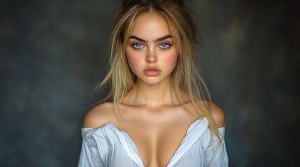 A woman with blonde hair and blue eyes is wearing a white shirt and posing for a picture. The image has a moody and mysterious feel to it, as the woman's face is obscured by the shirt