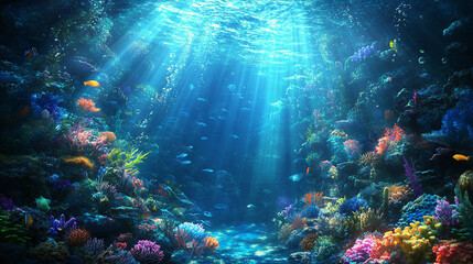 Fototapeta premium mesmerizing underwater scene showcasing the vastness of the deep sea. The sunlight pierces the azure abyss, symbolizing hope, mystery, and the unknown in a serene aquatic realm