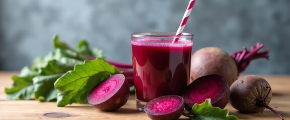 Vibrant beetroot juice in a clear glass with a straw, surrounded by fresh beetroots on a wooden table. Perfect for healthy living and organic food concepts.

