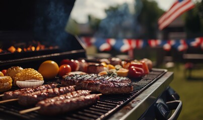 Fourth of July barbecue with grilled food and patriotic decorations,