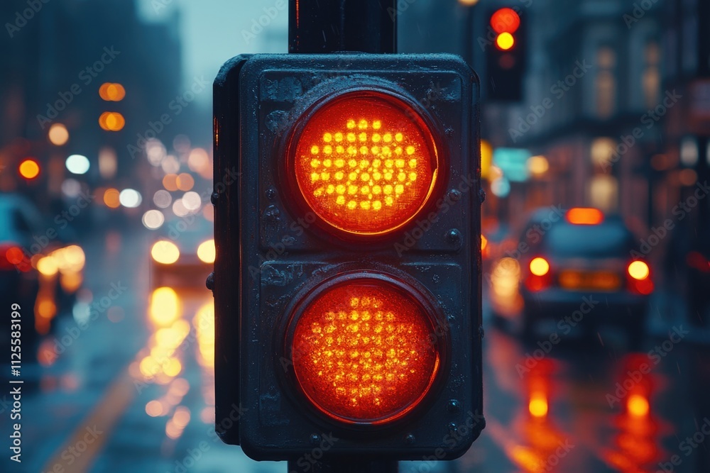 Poster a single-leafed traffic light with a red light turned on, suitable for use in illustrations about tr