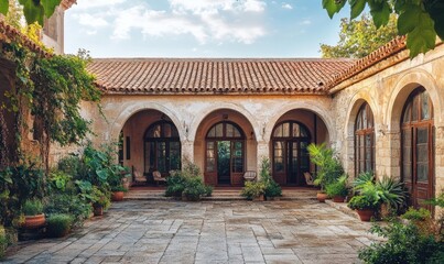 Fototapeta premium traditional Mediterranean villa with terracotta roof arched windows and a lush courtyard historical architecture