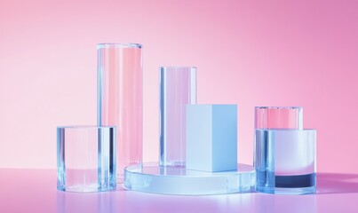 Glass and plexiglass product stands. Contemporary illustration set of plastic or plexiglass platforms for showcasing products. Geometric crystal pillar platform.