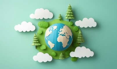 Paper Art Design of the Earth Surrounded by Green Trees and White Clouds Against a Soft Turquoise Background for Environmental Awareness