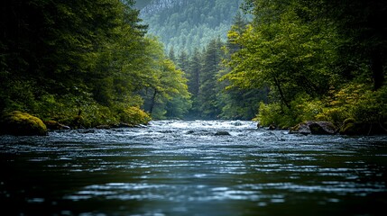 Serene river flowing through lush green forest.