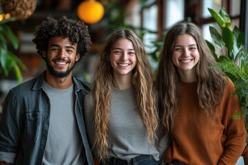 Fototapeta premium Group of young adults standing side by side, looking relaxed and happy