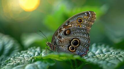 Fototapeta premium Close-up of a beautiful owl butterfly perched on a green leaf in sunlight.