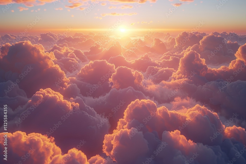 Poster a serene sunset scene with clouds illuminated by warm light, suitable for backgrounds and atmospheri