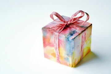 Obraz premium A colorful gift box with a bow on a white surface, perfect for wrapping presents or decorating a table