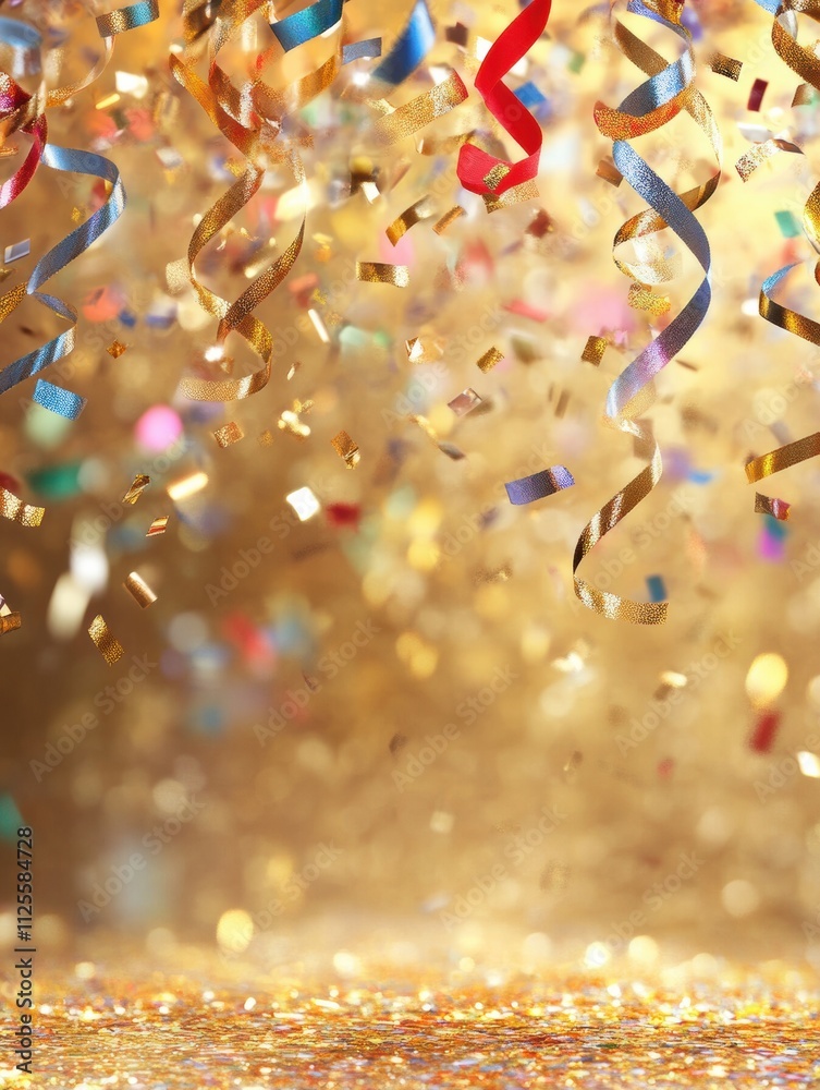 Poster falling confetti and curling ribbons create a vibrant atmosphere against a shimmering golden backdro